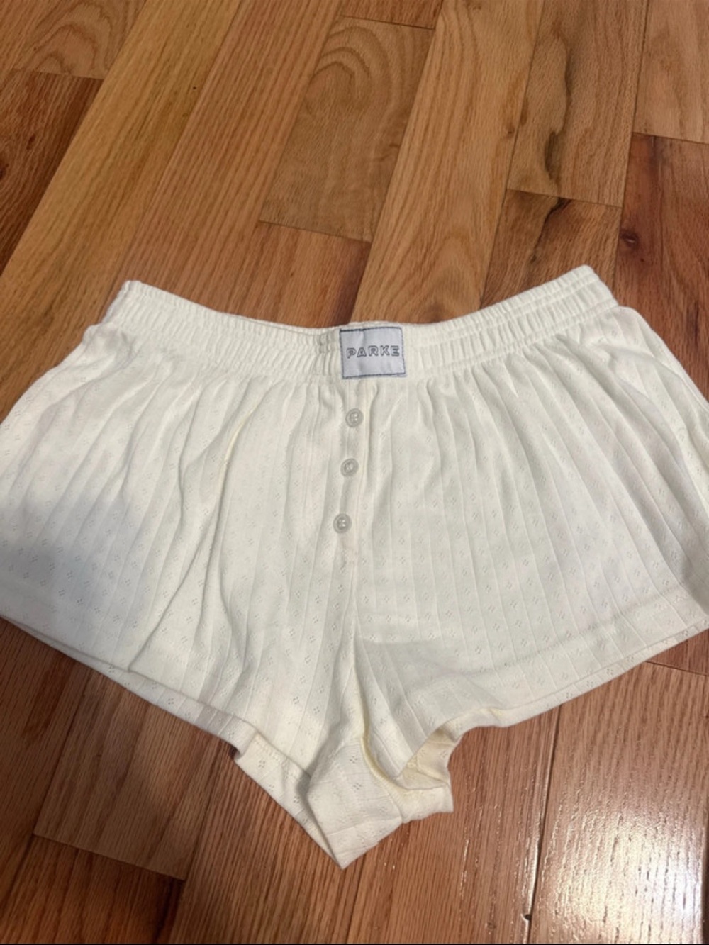 Parke Cream Knit Athletic Shorts with Button-Front Waist